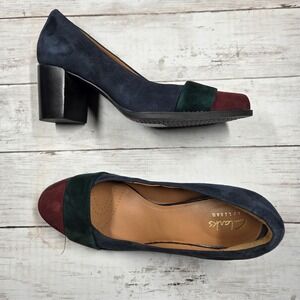 Clarks Artisan Tarah Brae‎ Pump Women 7.5 Navy Green Colorblock Suede Block Heel